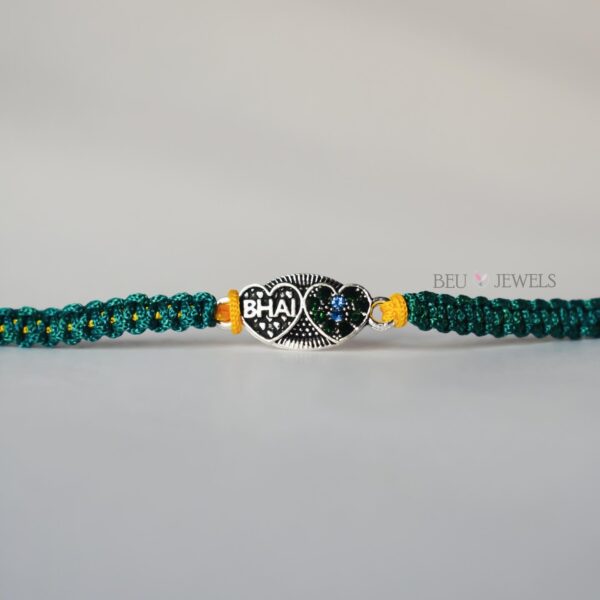 Heart-Shaped Rakhi with Stones and 'Bhai' in Oxidised Silver